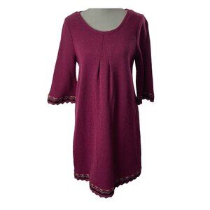Sweater Dress Sz 38/L Maroon Ribbon Lace Accent 3/4 Sleeve Fall Winter 82-7